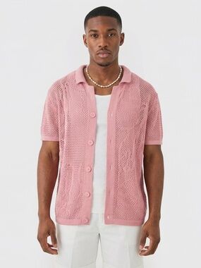 boohooMAN Boxy Oversized Open Stitch Pink Short Sleeve Knit Shirt - Medium